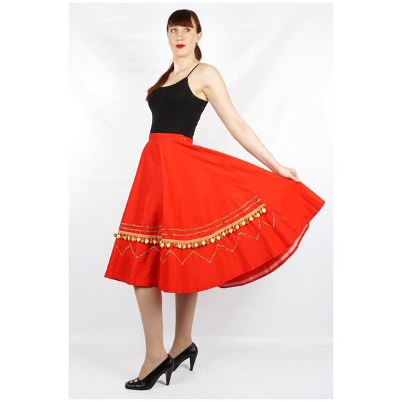 Vintage 1950s Red Beaded Zig Zag Pom-pom Circle Skirt by Capitol of Boston | Med - Picture 7 of 10